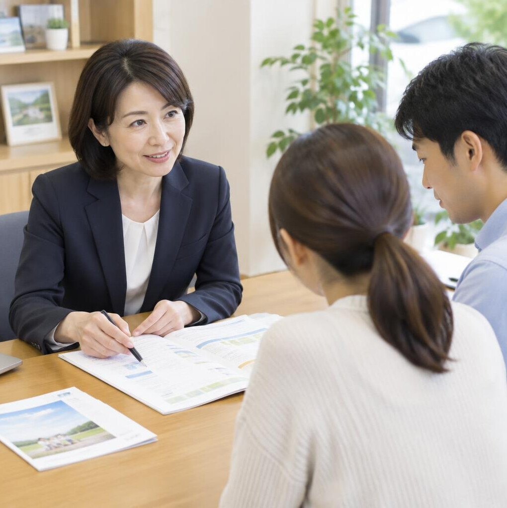 Japanese financial advisor explaining insurance documents to a couple